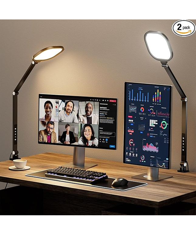 2 Packs Led Desk Lamps for Home Office, 1200LM Dimmable Clamp-on Desktop Light, Adjustable Swing Arm Ring Light with Stand, Memory & Timer Function, Eye-Caring Design