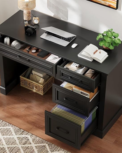 Vabches Farmhouse 47" Executive Desk with File Drawer, Computer Desk with 4 Drawers, Workstation for Study, Home Office, Writing, Pure Black.