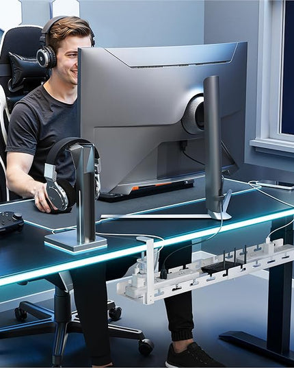 ARES WING 17"-28.7" Extendable Under Desk Cable Management Tray with Cable Slots, Clamp On Cord Organizer Holds Up to 11 lbs, White Metal Under Desk Storage for Office and Gaming Accessories
