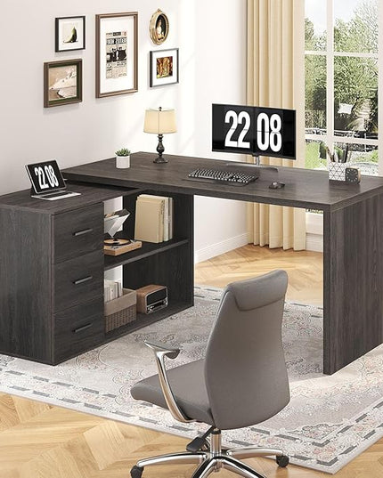 HSH L Shaped Computer Desk with Drawers, 360 Rotating L Shape Desk with Storage Cabinet Shelves, Industrial Home Office Desk for Executive Writing Study Work, Dark Wood Table Swivel Desk, Gray 55 Inch