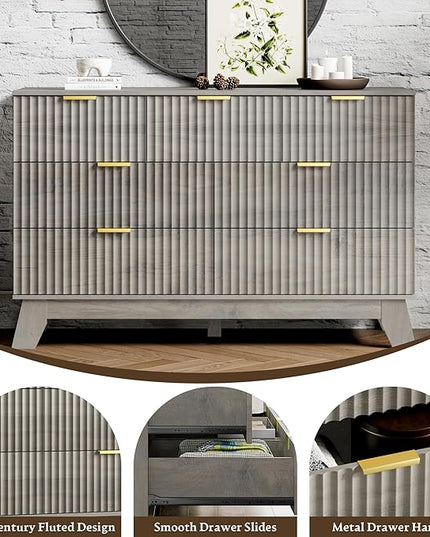 HUANLEGO Fluted Dresser for Bedroom with 7 Drawer, Mid Century Modern Chest of Drawers, 48" Wide Natural Wood Dresser for Closet, Wooden Boho Chest Closet Storage TV Stand for Bedroom, Grey