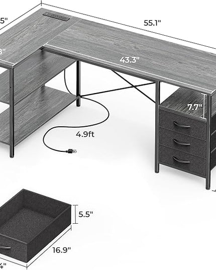 Huuger L Shaped Office Desk with Power Outlets, 55 Inch Computer Desk with 3 Drawers, Shelves, Reverisble for Gaming Corner Work Home Office Study, Grey
