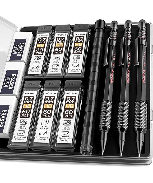 Nicpro 0.7 mm Mechanical Pencil Set with Case, 3PCS MP2000 Metal Artist Mechanical Pencil With 6 Tube HB Lead Refills, Eraser, Weatherproof Barrel for Outdoor Writing Drafting Drawing Sketching