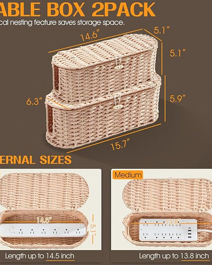 FairyHaus Cable Management Box 2Pack Cream, Handwoven Large and Small Cable Organizer Box Cover to Hide Cords and Power Strip, Imitation Wicker Cord Organizer Box Hider for Office Desk and Floor