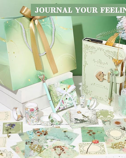 Janlaugh DIY Journal Diary with Lock Set Scrapbook Kit Stationary Diary Supplies Art Crafts Kit for Birthday Holidays Ideal Gifts for Women Teen Girls(Light Green,Fresh)