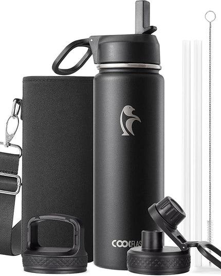 Coolflask Water Bottle 24 oz Insulated with Straw, Stainless Steel Metal 3 Lids Water Flask Wide Mouth for Sports or Office, Non-BPA Keep Cold Up to 48 Hrs or Hot Up to 24 Hrs, Magic Black