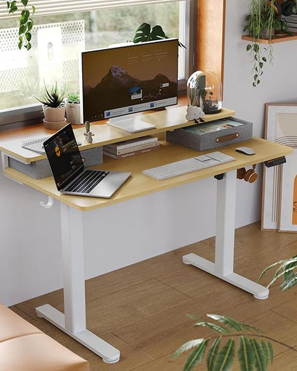 Seang Electric Standing Desk with 2 Drawers, Adjustable Standing Desk with Storage Shelf, Height Adjustable Stand up Desk for Home Office with 3 Presets & 2 Hooks,55 Inch, Natural