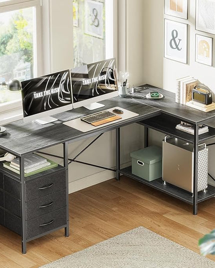 Huuger L Shaped Office Desk with Power Outlets, 55 Inch Computer Desk with 3 Drawers, Shelves, Reverisble for Gaming Corner Work Home Office Study, Grey