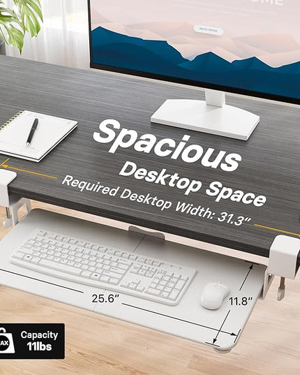BONTEC KMT01 Under Desk Keyboard Tray, Pull-Out Keyboard & Mouse Platform with C-Clamp, 25.6 x 11.8 in Space-Saving Ergonomic Slide-Out Drawer, White