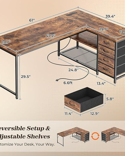 PRAISUN 61" L Shaped Desk with Power Outlets and USB-C Port, Reversible Computer Corner Office Desk with 4 Fabric Drawers and 2 Height-Adjustable Shelves, Large for Gaming Writing Study, Rustic Brown