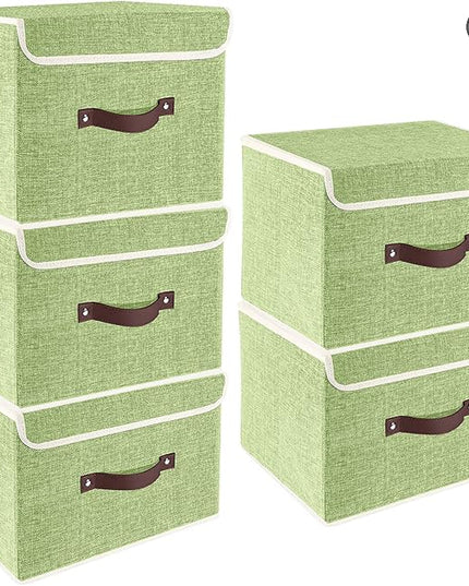 TYEERS Foldable Storage Boxes with Lids 5 Pack Fabric Storage Bins with Lids, Closet Organizers for Clothes Storage, Room Organization, Office Storage, Toys - Green