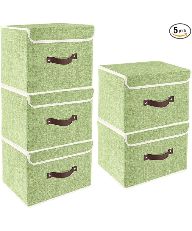TYEERS Foldable Storage Boxes with Lids 5 Pack Fabric Storage Bins with Lids, Closet Organizers for Clothes Storage, Room Organization, Office Storage, Toys - Green