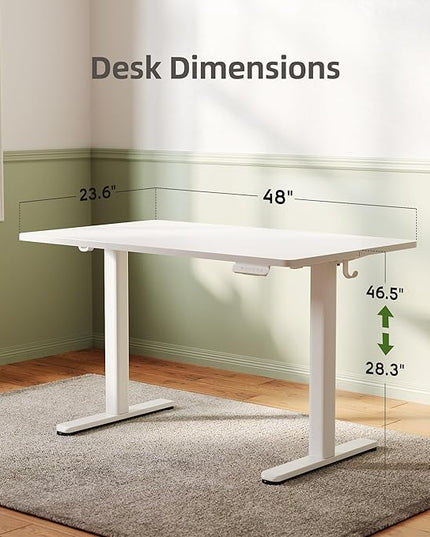 INNOVAR Electric Standing Desk, Adjustable Height Stand up Desks, 48 x 24 Inches Sit Stand up Desk for Home Office Computing, 3-Preset Memory Height Ergonomic Rising Desks, White