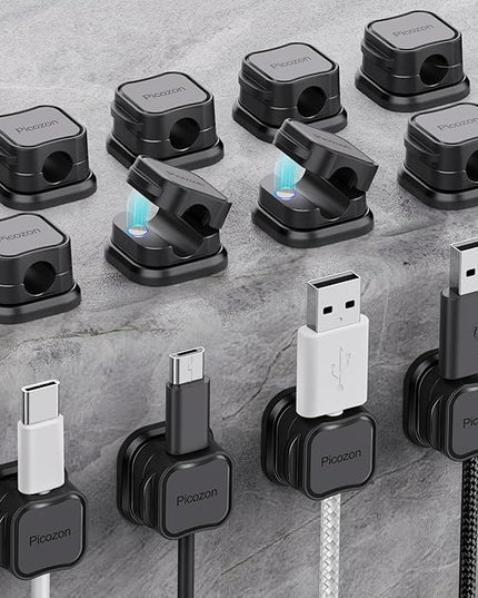 12 Pack Magnetic Cable Clip Organizer Cord Holder, Picozon Adhesive Cable Management, Wire Phone USB Charger Cable Holder, Keeper Organizer for Office Home Desktop Table - Black