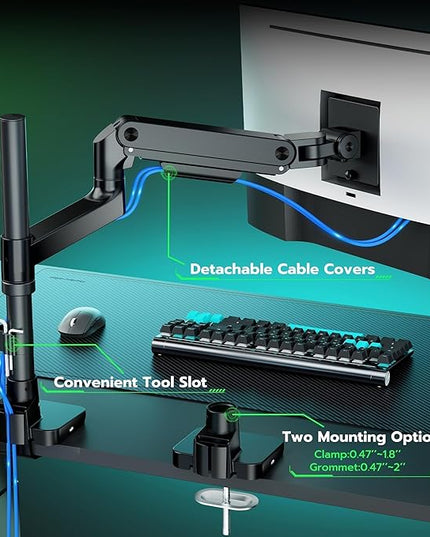 ARES WING Heavy Duty Monitor Arm with USB A/C, Tall Ultrawide Monitor Arm for 17 to 49 Inch Screen, Holds 44 Lbs, Adjustable Gas Spring Desk Mount, Black