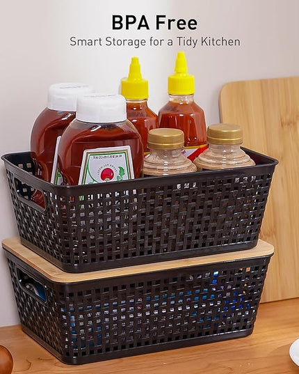 Storage Bins with Lids 6 Packs, Plastic Storage Bins with Bamboo Lids for Pantry Organization and Storage Containers for Shelves Drawers Desktop Closet Office Home, Black