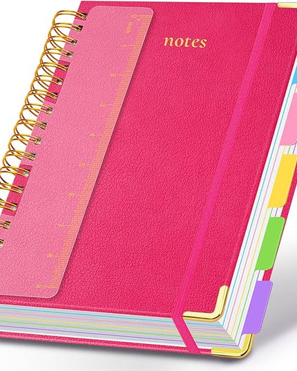 Hardcover Spiral Notebook 8.5"x11" Journal Notebook with Tabs and Removable Dividers 300 Pages 5 Subject Notebook College Ruled, Faux Leather Spiral Bound Notebook for Women School Work (Rose Red)