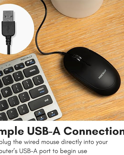 Macally Computer Mouse Wired, Silent USB Mice - Slim & Compact USB for Apple Mac or Windows PC Laptop/Desktop - Designed with Optical Sensor & DPI Switch - Simple - Black