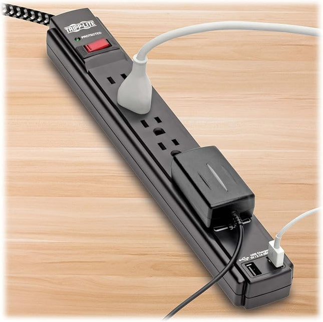 Tripp Lite Surge Protector Power Strip with USB, 6-Outlet & 2 USB Ports, Wall & Desk Mount, 10ft Braided Cord - 990 Joules, 1875 Watts Dollar 25,000 Insurance (TLP610BUAM)
