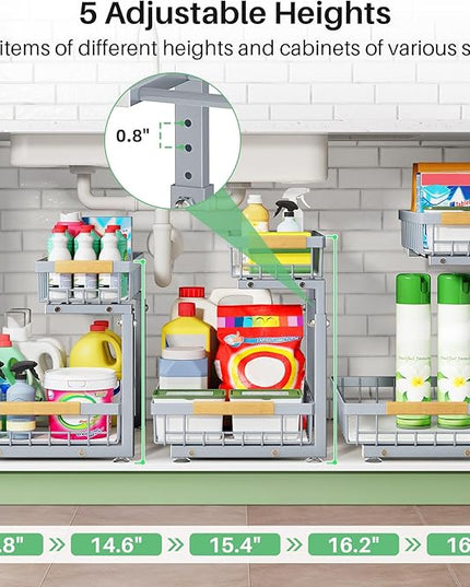 Pull out Cabinet Organizer, 1 Pack Under Sink Organizer, Slide out Metal Kitchen Cabinet Organizers Drawer Shelf, Sliding Storage Shelves for Kitchen Bathroom Pantry Closet Organization Rack(Grey)