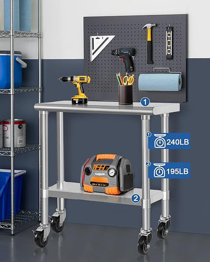 HARDURA Stainless Steel Commercial Table Prep & Work Table with Casters Heavy Duty Metal Table with Wheels NSF 430 14×30 Inches