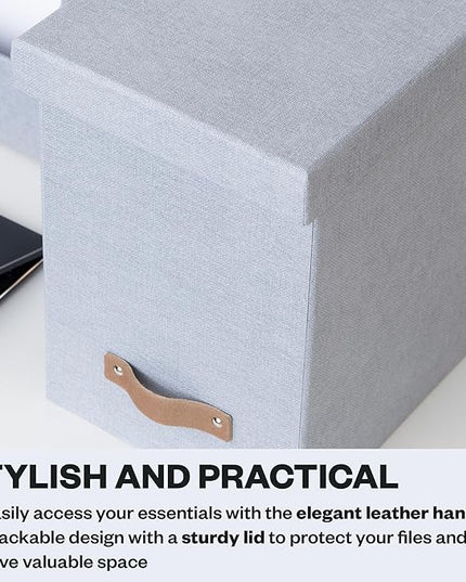 Bigso John File Box - File Storage Box and File Organizer for Important Paperwork - Durable Hanging File Box with Lid and Leather Handle - 7.36 in x 13.26 in x 10.51 in - Ash