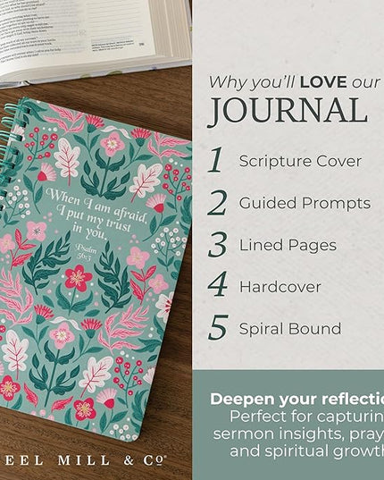 Steel Mill & Co Cute Floral Spiral Notebook Journal for Notes, 10.5" x 7.5" Sermon Notes and Church Notes Journal for Women with Durable Hardcover and 60 Lined Pages with Prompts (Put My Trust in You)