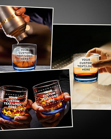 DISCOUNT PROMOS Custom Whiskey Glasses 10 oz Set of 10/50/100, Personalized Bulk Pack - Heavy Base Old Fashioned Glass, Perfect for Scotch, Bourbon, Whiskey, Cocktail - Blue Bottom Color