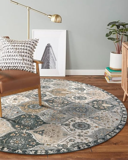 Lahome Moroccan Trellis Washable Round Area Rug, Soft Round Rugs 6ft Ultra-Thin Non-Slip, Vintage Large Circle Carpet for Bedroom Living Room Kitchen Nursery, Grey