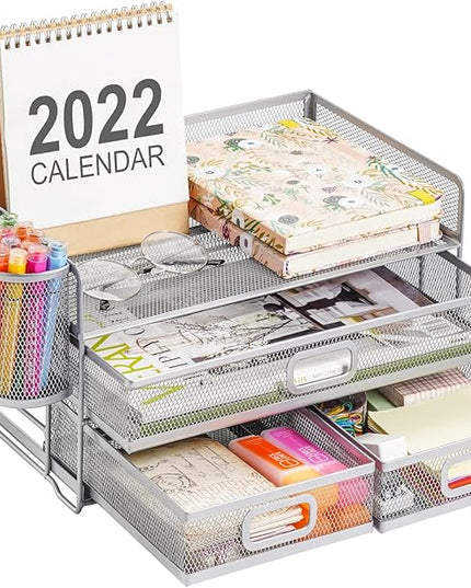 Marbrasse 3 Tier Mesh Desk Organizer with Drawer, Multi-Functional Desk Organizers and Accessories, Paper Letter Organizer with 2 Pen Holder for Home Office Supplies (Silver)