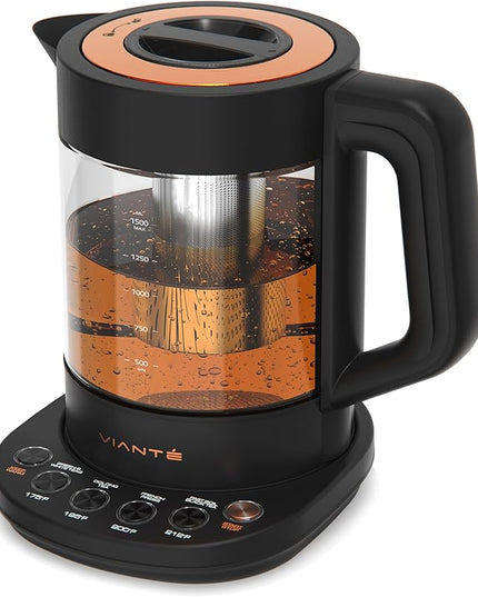 Vianté Electric Kettle With Infuser For Loose Leaf. Hot Tea Maker With Temperature Control And Automatic Shut Off. Tea Kettle With Brewing Programs. 1.5 Liters Capacity | Black Color