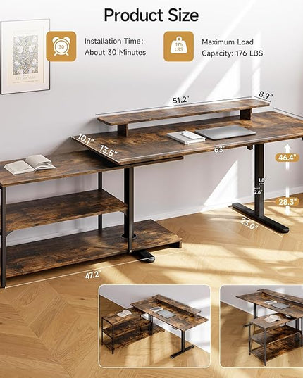 ONBRILL L Shaped Standing Desk with File Cabinet, 63x24'' Electric Stand Up Desk with Monitor and Storage Shelf, Adjustable Height 28-46'' for Home and Computer Workstation, Rustic Brown