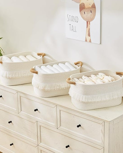 Storage Bins Woven Baskets for Storage Set of 3, Cotton Rope Basket with Handles for Toys/Shelves/Laundry, Rectangle Multi-Purpose Organizer for Living Room, Bedroom, Nursery (White)