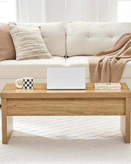 Small Lift Top Coffee Table, Wood Rectangle Coffee Table with Lifting Top and Hidden Storage Compartment, Mid Century Modern Center Tables for Small Space, Living Room, Office (Natural)
