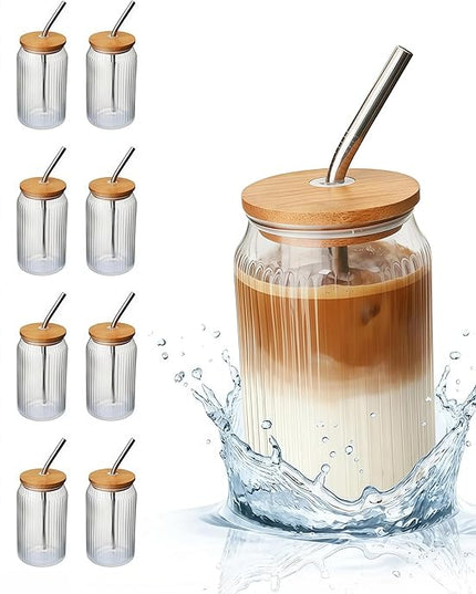 12 Packs Ribbed Glass Tumbler with Lid and Straw 16 oz Cute Ice Coffee Cup Set Bulk Vasos de Vidrio Con Tazas Para Cafe Cocina Accesorios Home Bar Accessories New Home House Warming Gift Kitchen Stuff