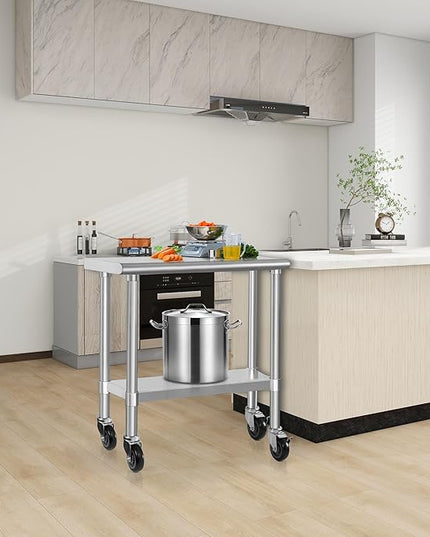 HARDURA Stainless Steel Commercial Table Prep & Work Table with Casters Heavy Duty Metal Table with Wheels NSF 430 14×30 Inches