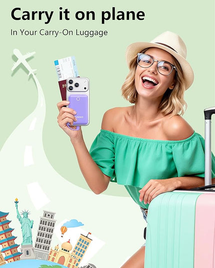 miisso 10000mAh Mini Portable Charger with Built in Cable, Pocket Size Power Bank Travel External Battery Pack for Phone, 3 Output USB Type C Cord Clutch Compatible with iPhone, Samsung, Purple
