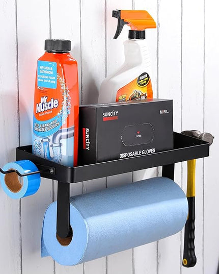 YIGII Garage Paper Towel Holder with Shelf - Wall Mount Papertowel Holder with 4 Hooks, Single-Hand Tear Paper Towel Rack Heavy Duty Tissue Holder for Clean Station, Craft Room, Workbench (Black)