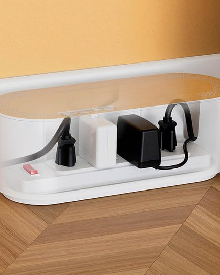D-Line Cable Management Box, Power Strip Holder, Floor Outlet Hiders, Desk Cord Organizer, Cover TV Wires, Wire Storage, Extension Hider, Office Concealer for Cords - Small, Wood-Effect Lid
