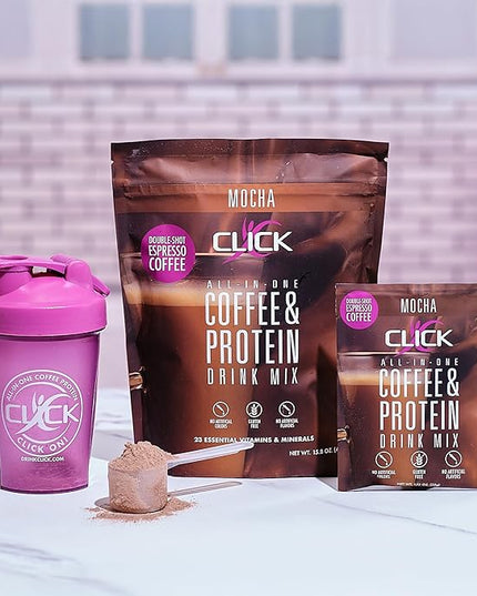 Click Coffee Protein, Protein & Real Coffee All-in-One, Meal Replacement Nutrition Drink, Mocha Flavor, 23 Essential Vitamins, Double Shot Espresso Coffee, Hot or Cold, 15.8-Ounce