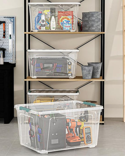 85-Quart Wheeled Latching Storage Box, Clear Stackable Organizer Box, Plastic Storage Bin Container with Latching Lids for Home Garage Organization (4 Pack)