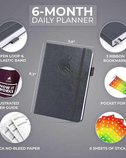 Clever Fox Daily Planner – Undated Planning Notebook with Hourly Schedule & To-Do List – Personal Day Task & Work Organizer, 6 Months (Silver Black)
