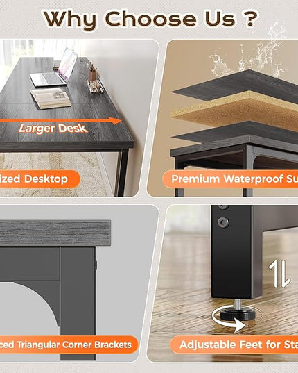 Huuger 63 x 24 inch Desk with Power Outlets & USB-C, Deeper & Thicker Desktop, Robust Metal Tubes, Computer Desk, Heavy Duty Office Desk, Work Gaming Desk, for Home Office, Grey