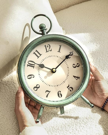 MACVAD EMAX Home Vintage Green Rustic Retro Table Clock, Silent Non-Ticking, Battery Operated, 10.5"H, 7.28"W, Green Dial, Tabletop, Indoor, Kitchen