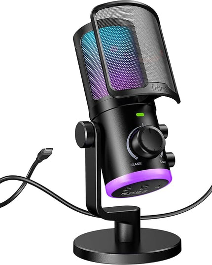 FIFINE Gaming PC Microphone, USB Streaming Microphone with Game Chat Balance, Computer Condenser Desktop RGB Mic with Mute Button, Noise Cancellation for Podcast/Twitch/Discord-AMPLIGAME AM6