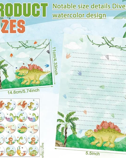 TaoBary 160 Pcs Stationery Paper Set 50 Double Sided Stationery Papers with 50 Matching Envelopes and 60 Round Dot Sticker, 10 Design(Watercolor Dinosaur,8.25 x5.5 Inch)