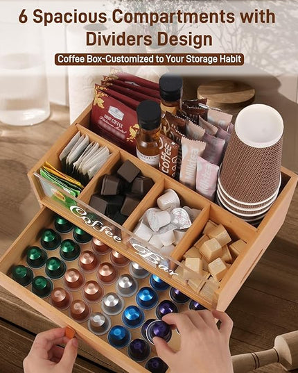 Intarsio 2-Tier Coffee Bar Organizer with Clear Acrylic Top, Built-in Drawer and Leather Handle Pull for Countertop, Stylish Coffee Station Storage Box for Accessories, Pods, Great Gifts for Home