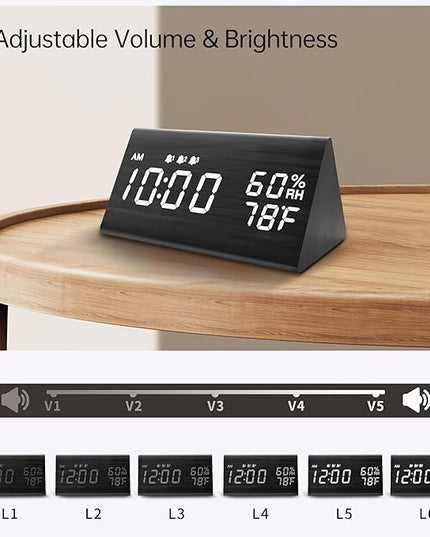 Digital Alarm Clock, with Wooden Electronic LED Time Display, 3 Alarm Settings, Humidity & Temperature Detect, Wood Made Electric Clocks for Bedroom, Bedside (Black)