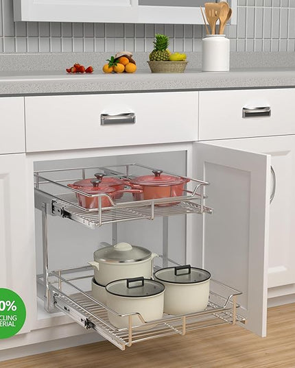 JOWBOOW 2-Tier Pull Out Cabinet Organizer (17" W x 22" D), Pull Out Shelves and Drawer for Kitchen Pantry Storage Basket, Heavy-Duty Metal Sliding Shelf, Chrome Finish