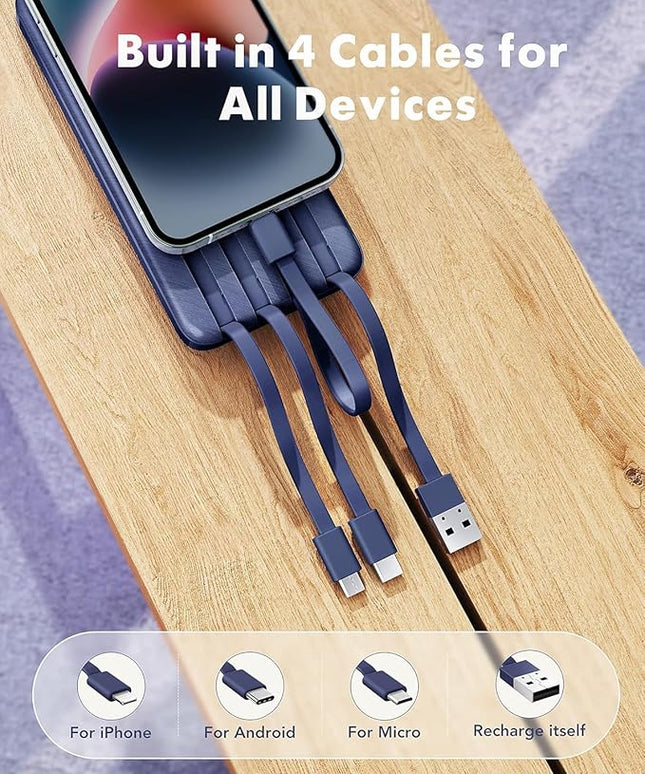 charmast Portable Charger with Built in Cables, Power Bank with Cords Wires, Slim 10000mAh Travel Battery Pack 6 Outputs 3 Inputs 3A Fast Charging for Samsung Google Pixel LG Moto iPhone iPad